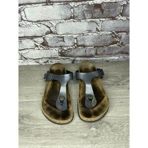Birkenstock Gizeh Metallic Blue Leather Strap Sandals Women Sz 37EU/6.5M Cracked